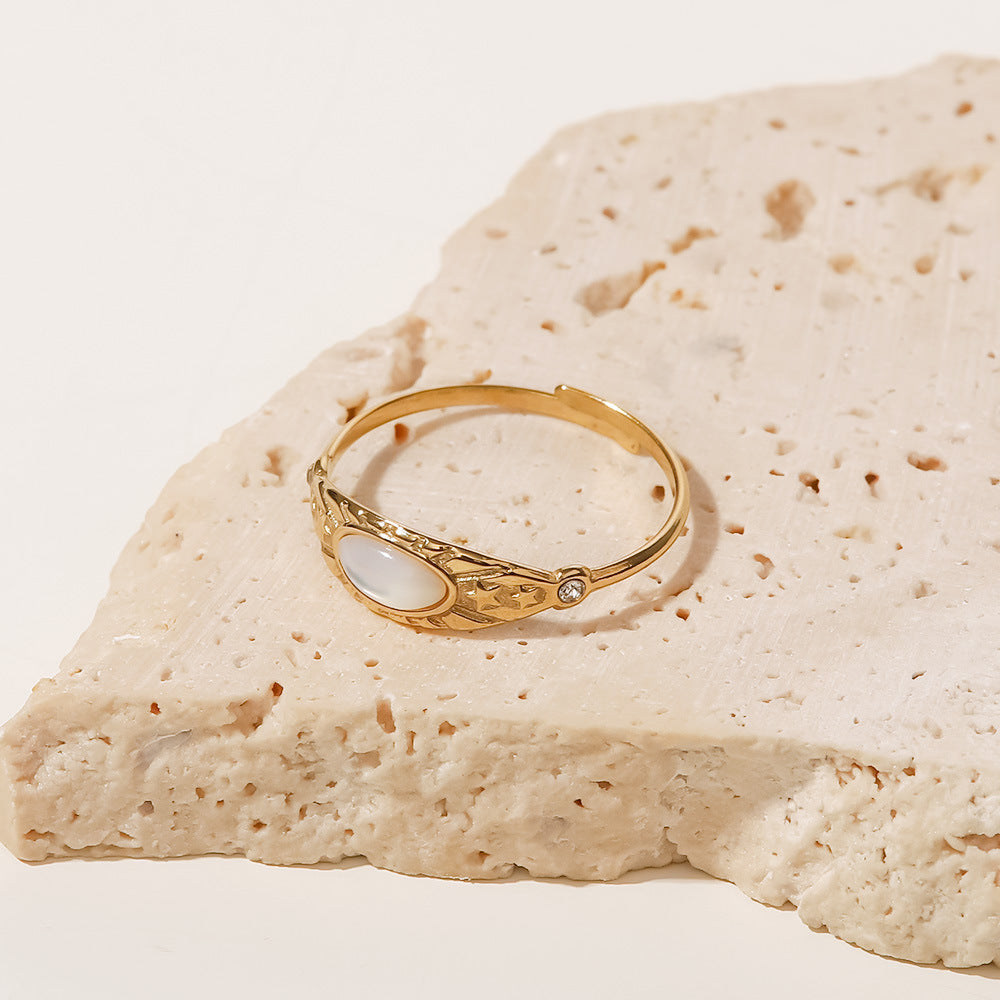 Gold Plated Stainless Steel Ring With Zircon Inlaid Geometric Star Retro European Design For Daily Wear Classy