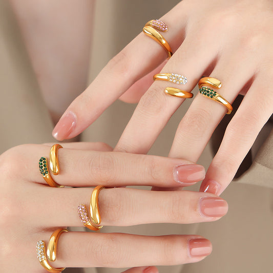 Womens Titanium Steel Snake Ring With Rhinestone Modern Accent French Design Adjustable Opening Statement Ring