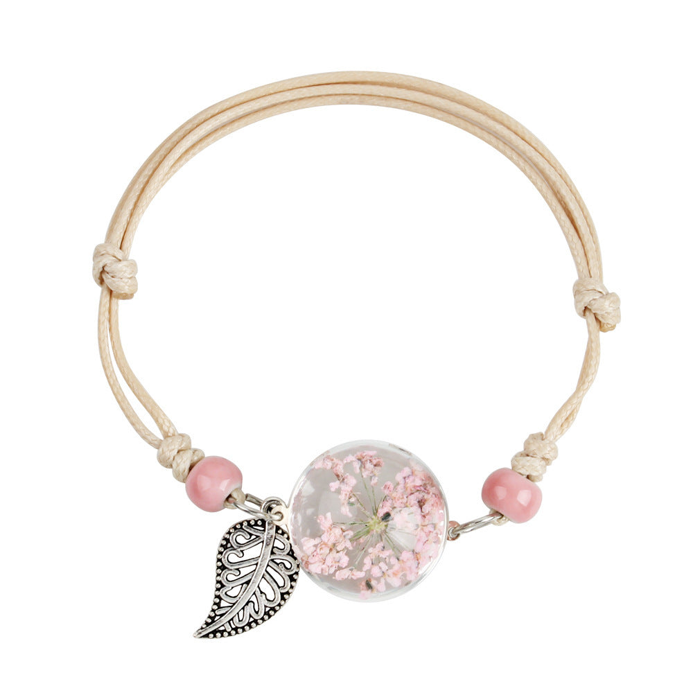 Womens Dried Flower Bracelet With Glass Ball Korean Leaf Design Alloy Herbarium Dandelion Clover Charm Elegant