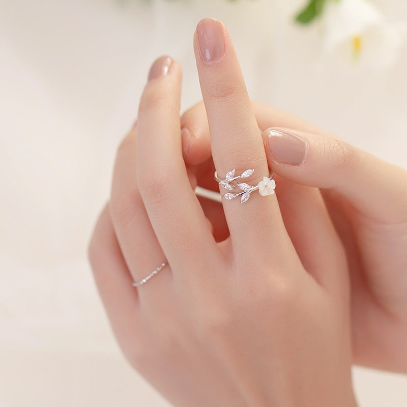 Flower Ring For Women Adjustable Opening Korean Fashion White Gold Electroplated Copper Zircon Accents Floral Jewelry