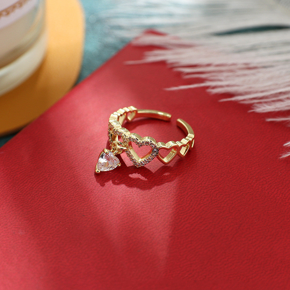 Womens Copper Ring Geometric Love Heart Zircon Electroplated Korean Style Jewelry Gift For Festivals And Gifting