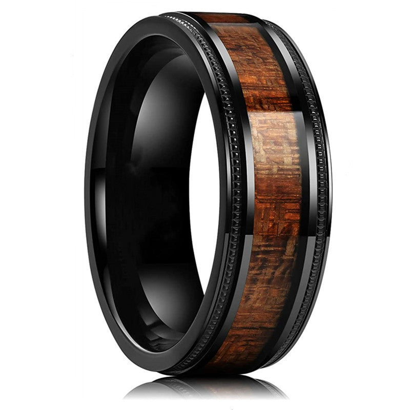 Mens Stainless Steel Ring With Wood Grain Design And Geometric Inlay Black Band Durable Gift For Him Gift Ready