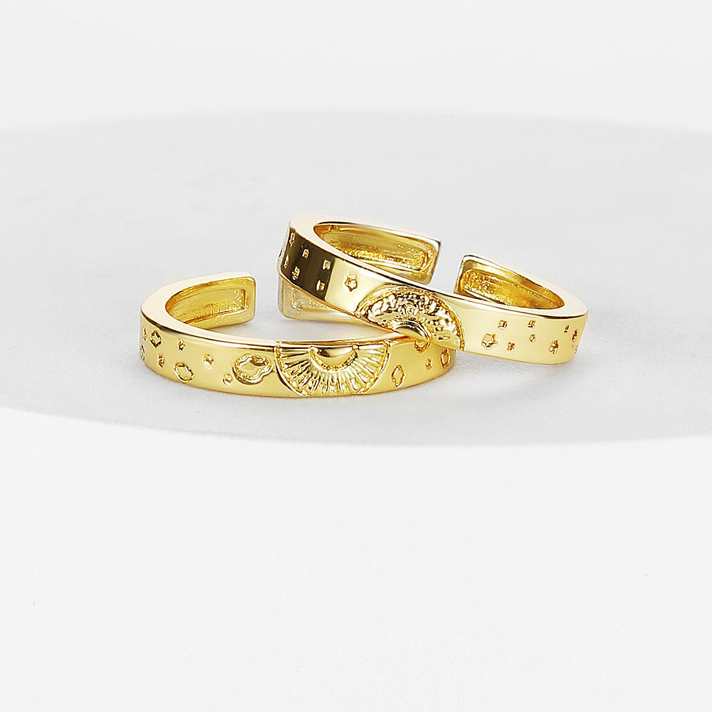 Personalized Star And Moon Corrosion Pattern Simple Brass Ring Five Pointed Star Open Mouth Copper Style Japan