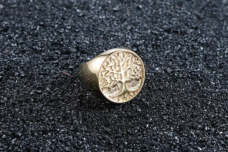 Mens Tree Of Life Ring In Golden Titanium Steel Fashion Punk Style With Geometric Ornament For Everyday Wear Gift