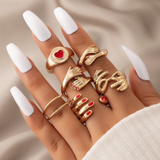 Geometric Alloy Ring Set Six Piece Drip Hand Design Fashion Jewelry Electroplated Finish For Women And Teens 2