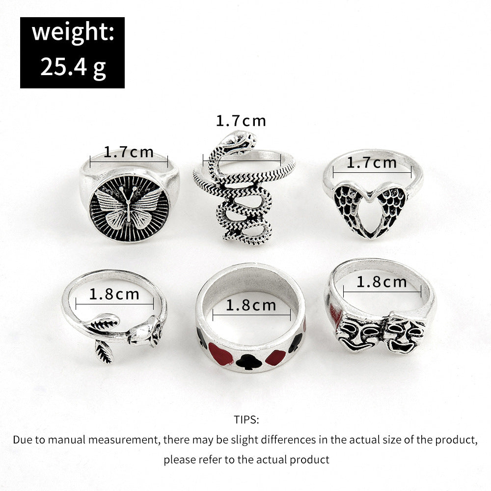 Heart Ring Set For Women Alloy Jewelry Dripping Glaze Design 6 Piece Set Fashion Rings Retro Trendy Design Set