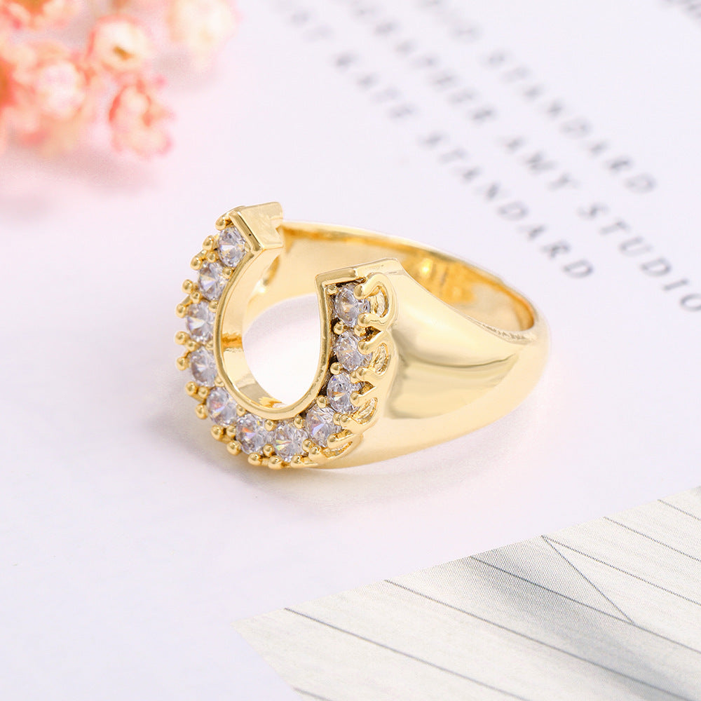 Horseshoe Element Ring UShaped Gold Plated Copper With Artificial Gem Inlays European American Fashion Jewelry