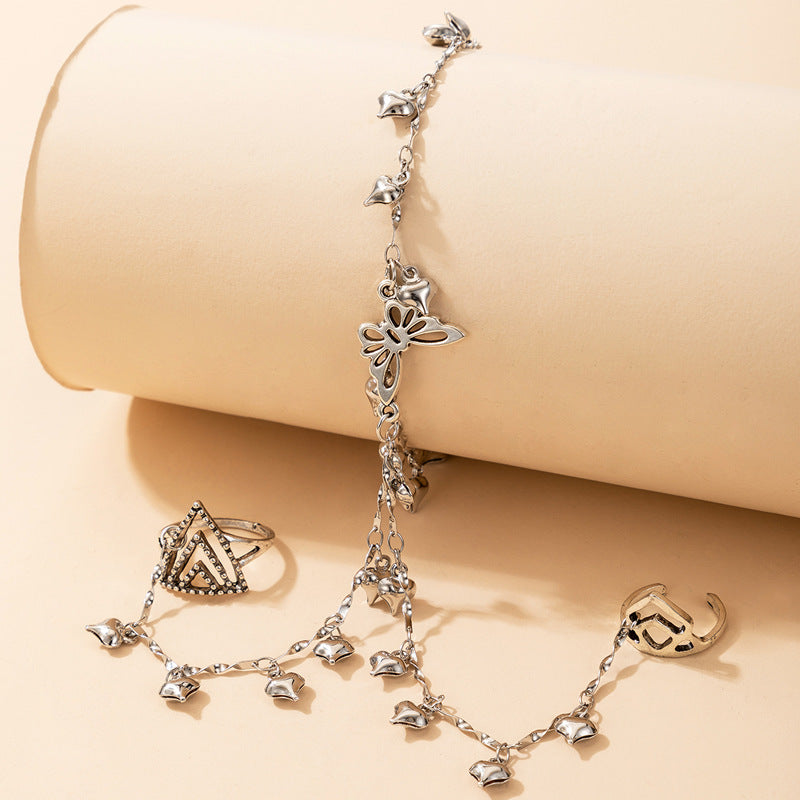 Womens Bohemian Finger Bracelet Set Heart Shaped Alloy Metal Design Butterfly Tassel Geometric Jewelry For You