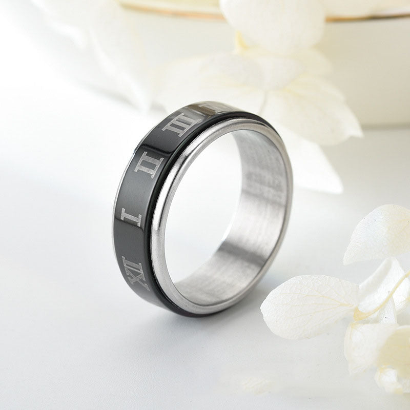 Unisex Titanium Steel Ring Vintage Turnable Roman Numeral Design Electroplated Black Fashion Jewelry Band Everyday Wear