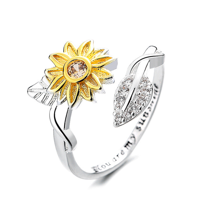 Two Tone Gold Silver Sunflower Ring Adjustable Flower Finger Ring For Women Fashion Jewelry Accessory Gift Box