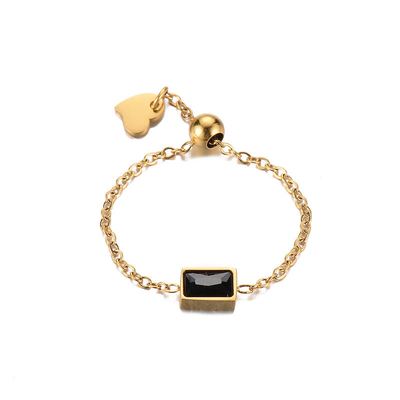 Womens Adjustable Chain Ring with Inlaid Zircon Square Diamond Red Black Titanium Steel Jewelry Bead 4mm Size