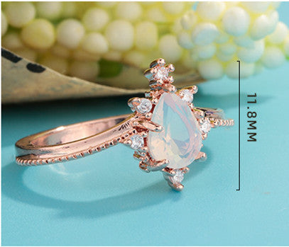 Moonstone Crown Double Ring Set Copper Rose Gold Plated Diamond Accented Elegant Fashion Jewelry For Her Crown