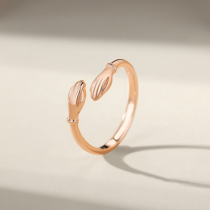 Sterling Silver Hug Ring For Women Creative Niche Design Korean Style Hand Hugging Ring Jewelry Elegant Finish Polished