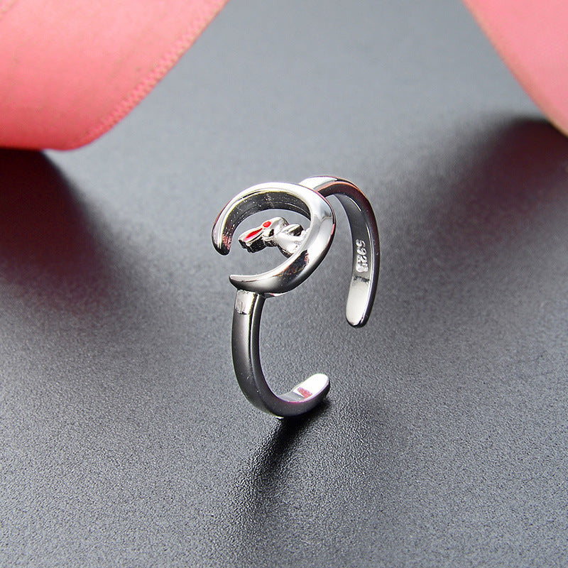 Sterling Silver Moon Rabbit Ring Adjustable Geometric Design With Electroplated Finish For Women And Girls Now