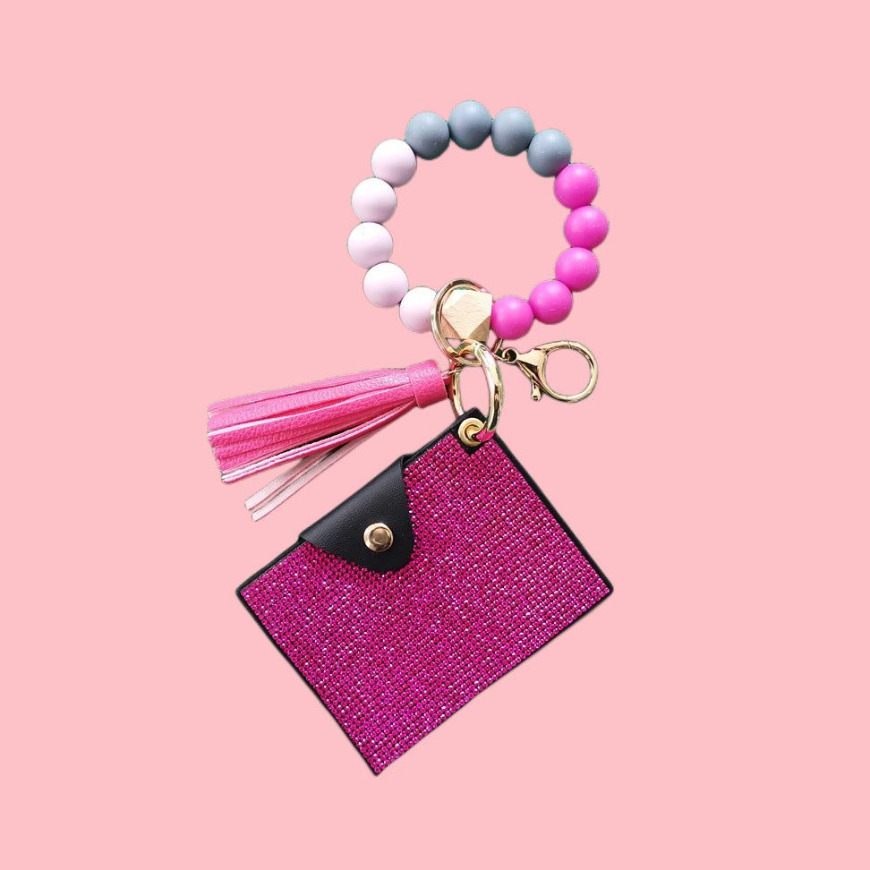 Silicone Beaded Bracelet Keychain With Initial Letter Tassel Rhinestone Key Ring For Key Organization Pastoral