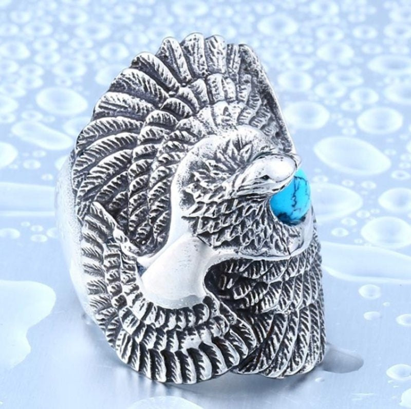 Vintage Turquoise Eagle Rings Alloy Fashion Statement Rings European American Design For Men Sizes 7 8 9 10 11