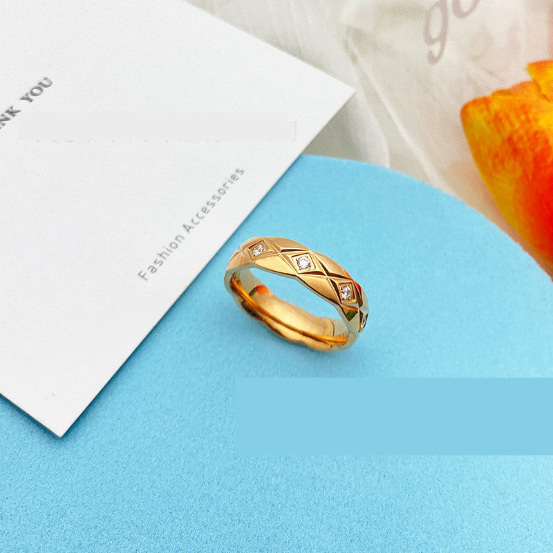 Unisex Titanium Steel Ring Cross Pattern Four Diamond Look Inlays Gold Plated Jewelry Durable Elegant Timeless