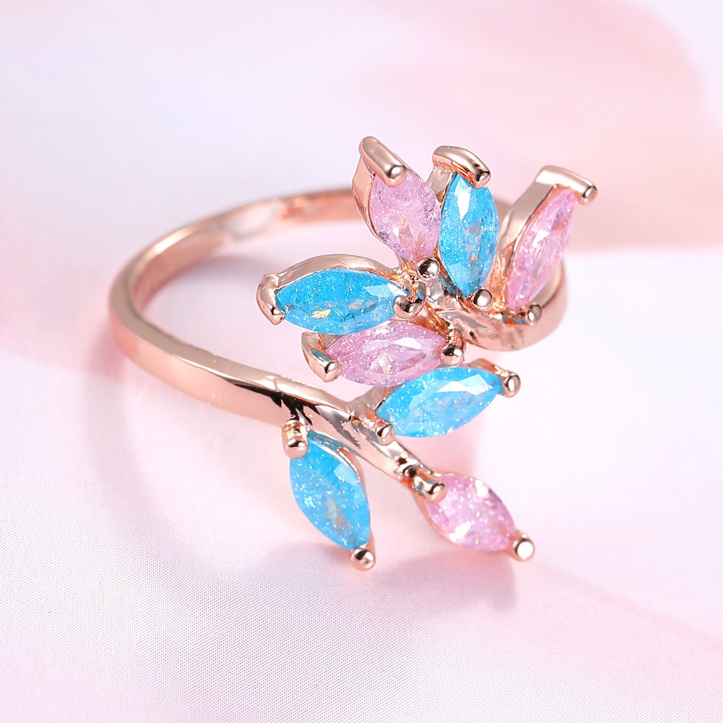 Women Rose Gold Plated Zircon Ring Adjustable Ice Flower Design Pink Blue Gemstone Jewelry Gift An Elegant Gift Idea