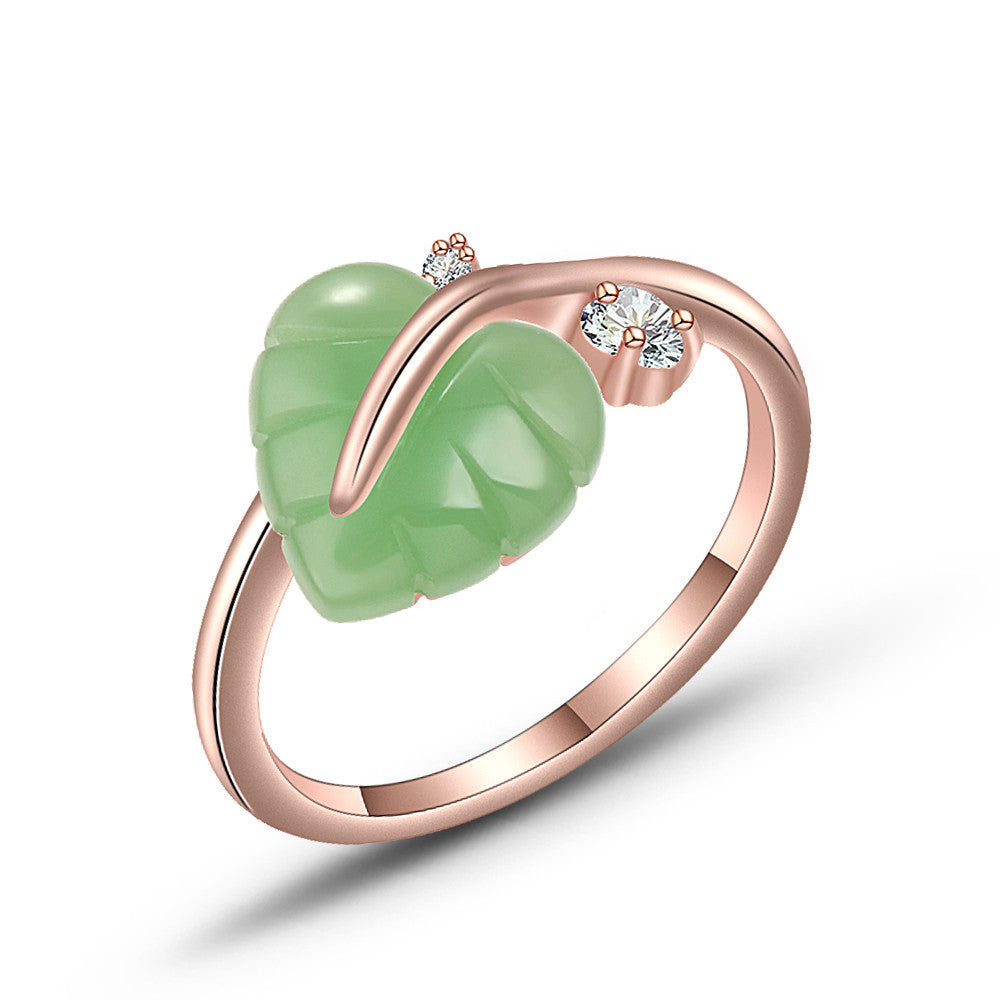 Temperament Heart Shaped Leaf Ring For Women Gold Plated Jewelry Elegant Accessory Rose Gold Jade Inlay Design
