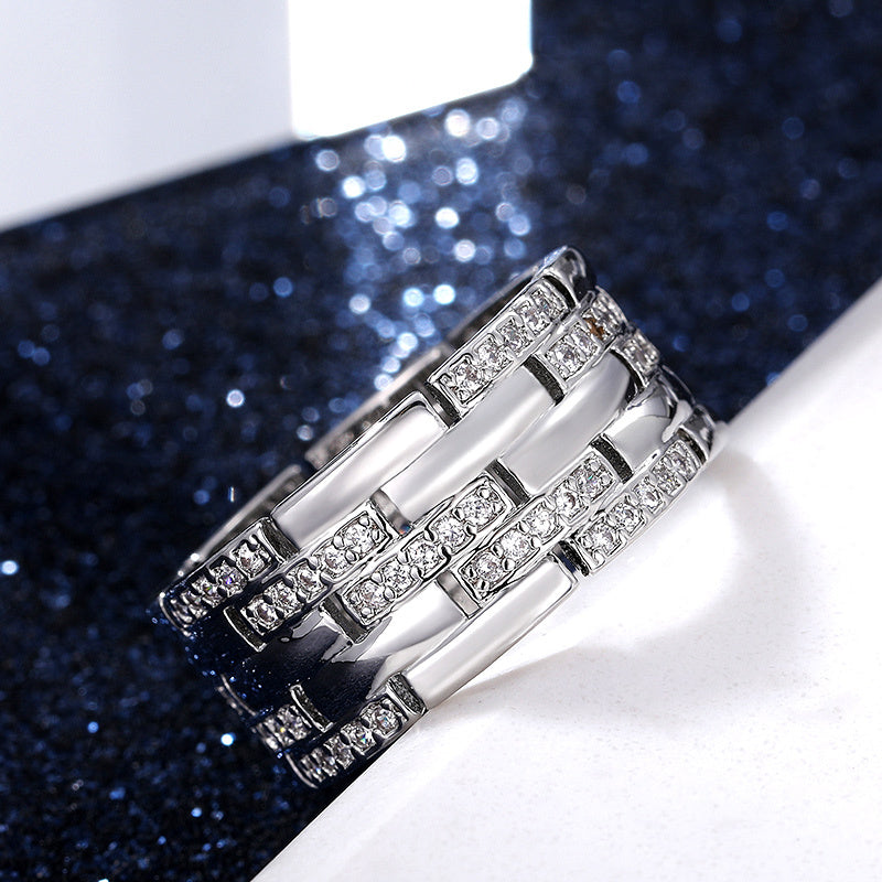 Men Wide Zircon Micro Pave Ring Copper Geometric White Gold Tone Fashion Jewelry Accessory Elegant Unisex Ring