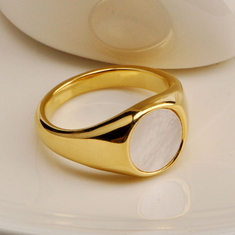 Geometric Titanium Steel Ring with Round White Mother of Pearl Shell for Women Elegant Gold Tone Finish Styles