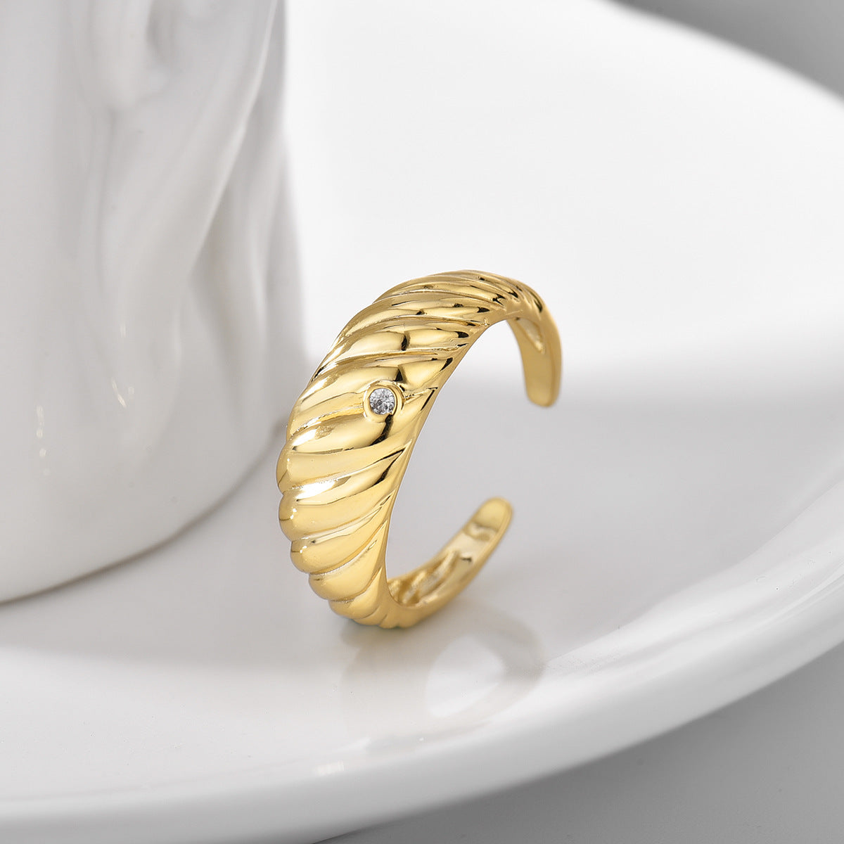 Croissant Ring Adjustable Gold Copper Zircon Embellished Geometrical Fashion Jewelry For Daily Wear Party Gift