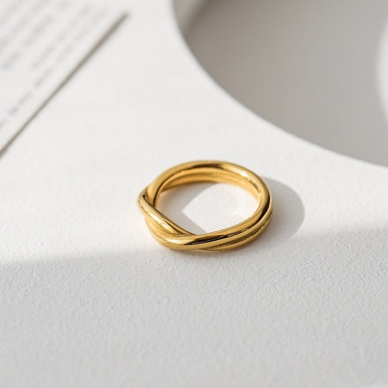 Womens Gold Titanium Steel Ring Geometric Cross Winding Fashion Jewelry Elegant Accessory French Retro Classic