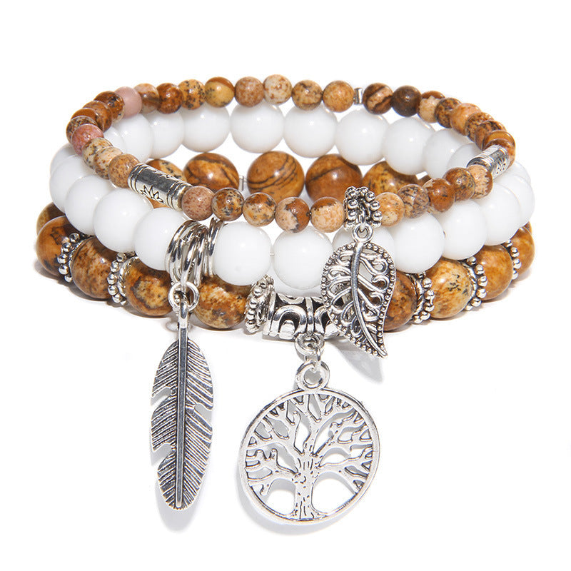 Unisex Agate Beads Bracelet Set With Tree Of Life Pendant