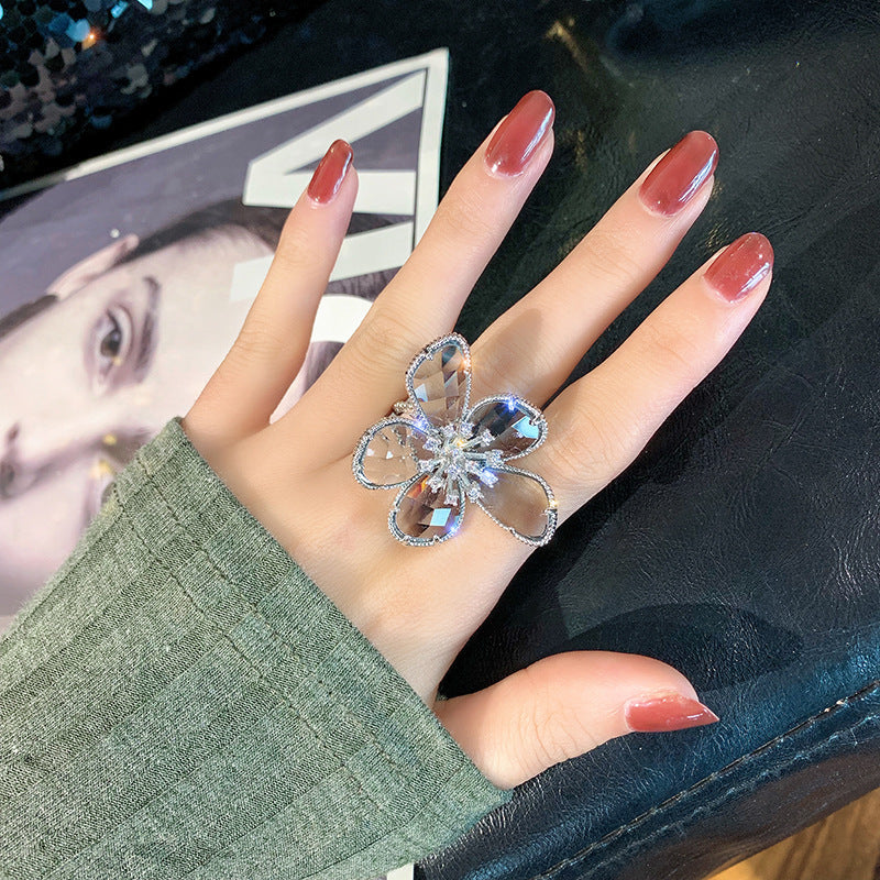 Adjustable Gold Plated Flower Ring with Gemstone Inlay Copper Statement Jewelry Exaggerated Petal Design Gifts