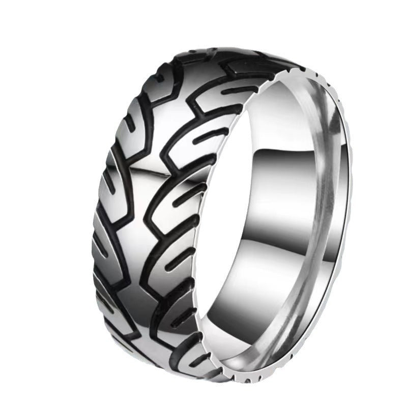 Mens Titanium Steel Ring Non Fading Etched Tire Pattern Vintage Design Durable Band Titanium Stylish Ring Tire