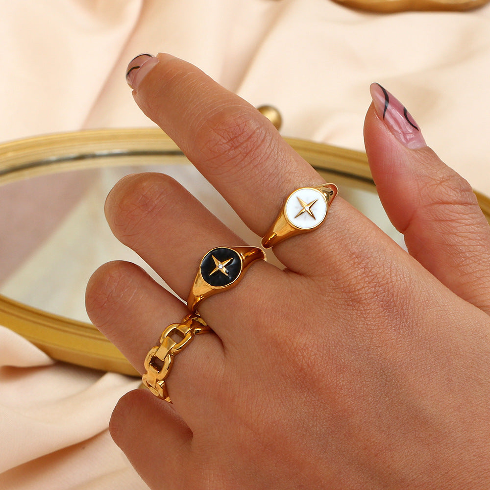 Ladies Stainless Steel Rings With Compass Disc Geometric Retro Fashion Jewelry For Women And Girls Black White