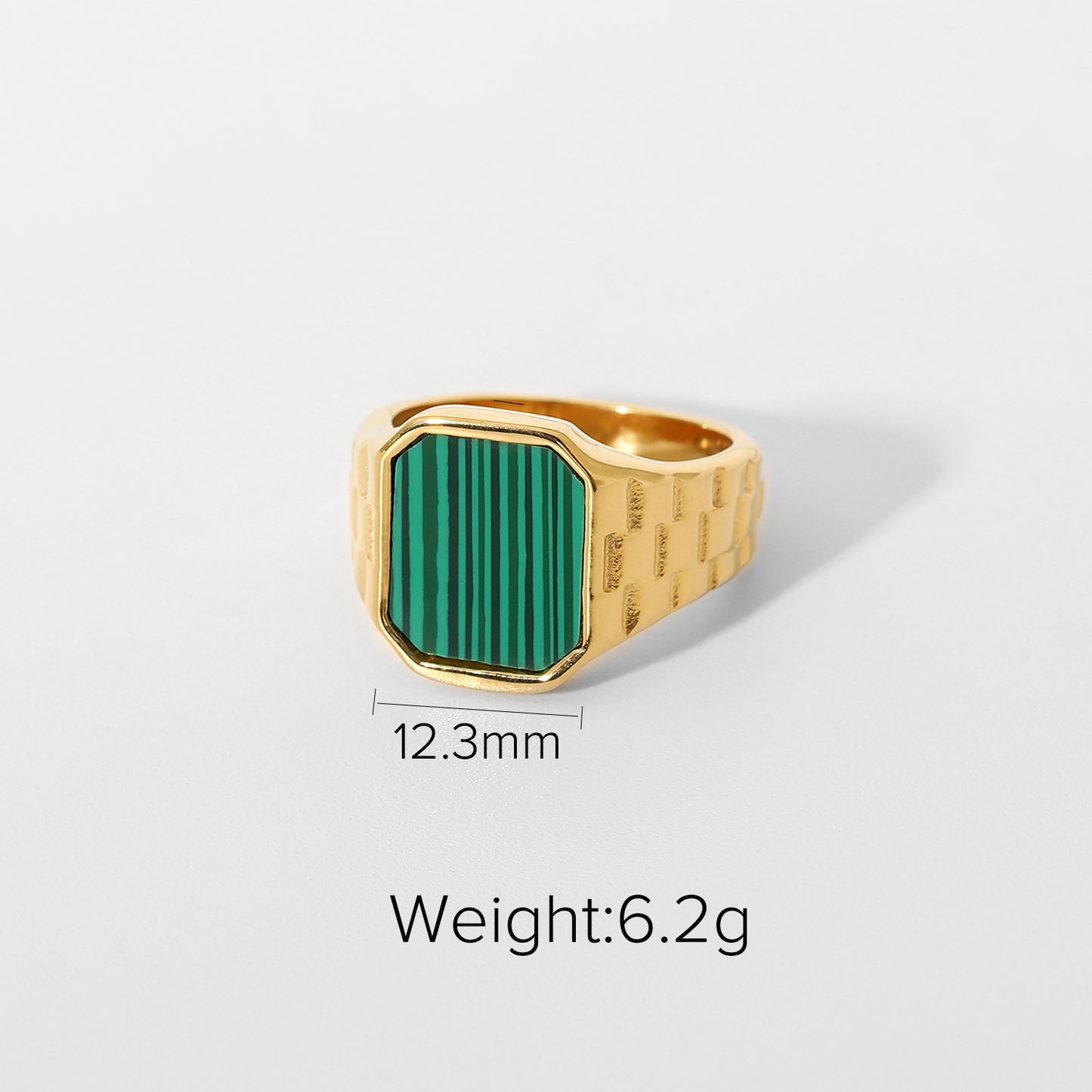Stainless Steel Ring With Malachite Accent And White Shell Epoxy Inlay Gold Plated Rectangular Jewelry For Her