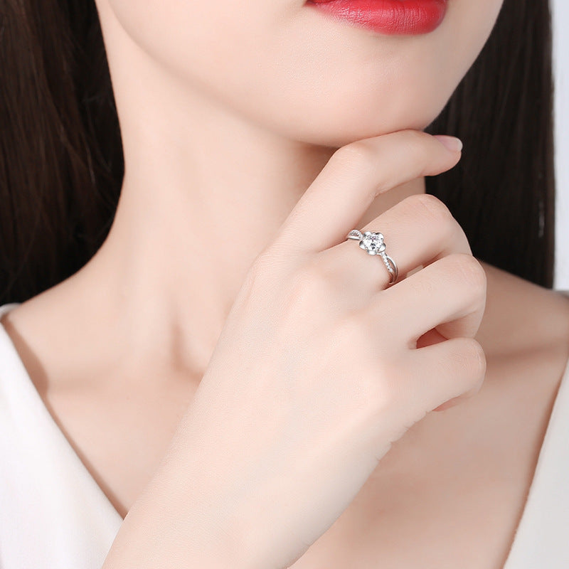 Adjustable Sterling Silver Ring Peach Blossom Diamond