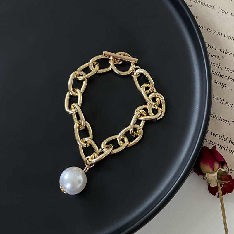 Womens Retro Geometric Alloy Bracelet With Pearl Pendant Electroplated Punk Jewelry Large Pearl Bracelet Female