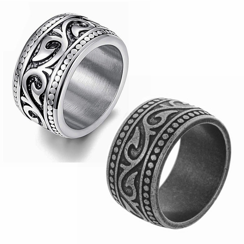 Mens Titanium Steel Ring 13mm Wide Geometric Totem Design Vintage Style Band Distressed Silver Finish For Men Everyday