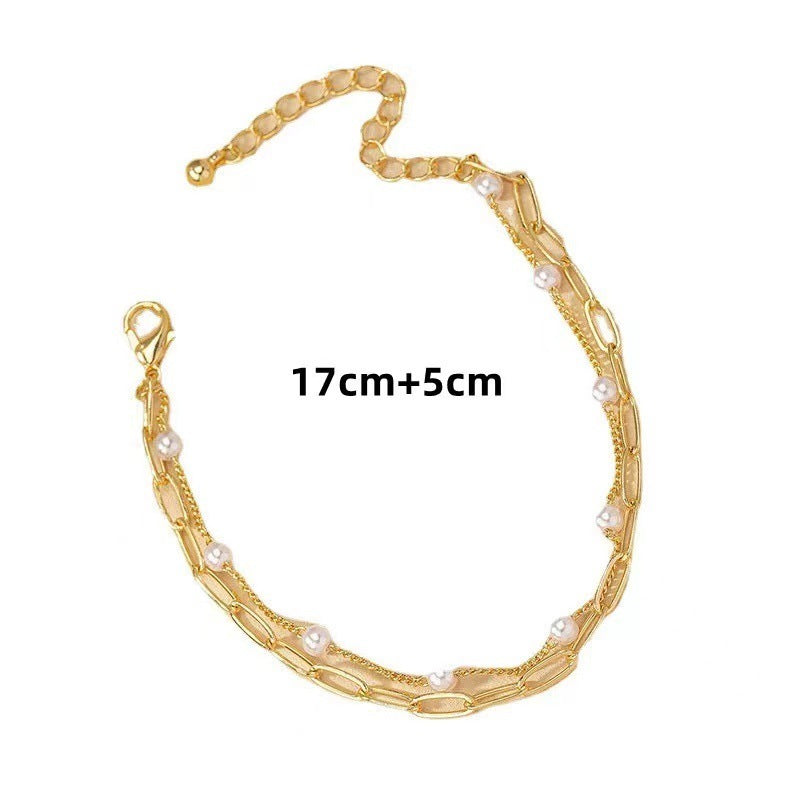 Womens Imitation Pearl Double Layer Bracelet Set Gold Silver