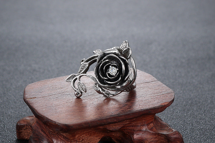Black Rose Stainless Steel Band Ring With White Diamonds