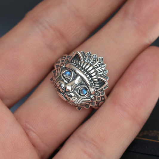 Mens Vintage Copper Cat Ring Adjustable Electroplated Moonstone Ring Indian Zodiac Animal Ring Unique Design Ring