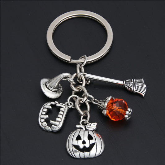 Women Keychain Alloy Keyring With Halloween Pumpkin Charm Wizard Broom Charm And Teeth Charms Trendy Key Chain