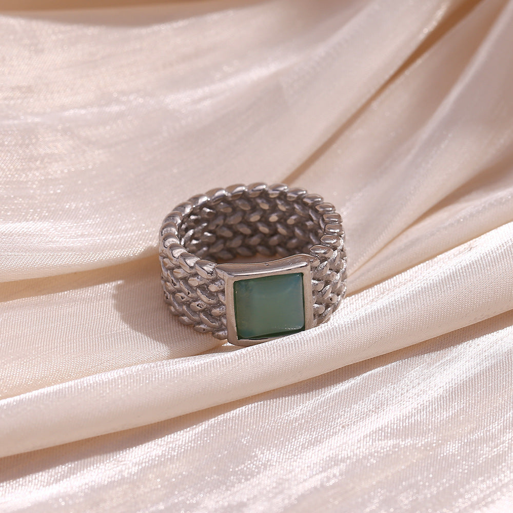 Vintage Stainless Steel 18K Gold Plating Woven Square Natural Stone Ring