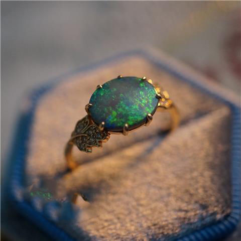 Women's Opal Ring with Delicate Texture and Leaves Design Plated S925 Silver Adjustable Opening Sweet Ring for Her Round Geometry Copper Ring