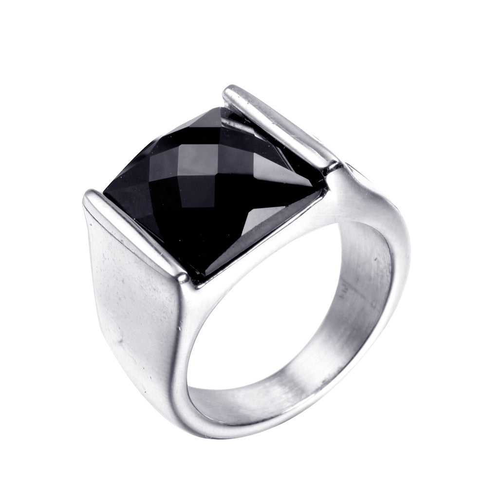 Men's Stainless Steel Ring Retro Geometric Ring with Red Garnet Inlay Polished Titanium Steel Band Creative Jewelry Gift for Him Silver Black Diamond Ring