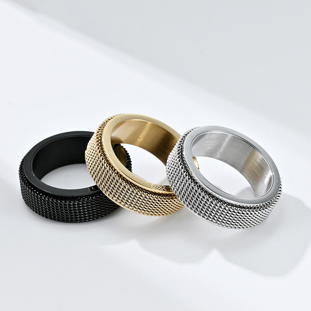 Titanium Steel Woven Mesh Rotary Decompression Ring Geometric Ring Steel Gold Black Sizes 5 6 7 8 9 10 11 12 Easy Fit