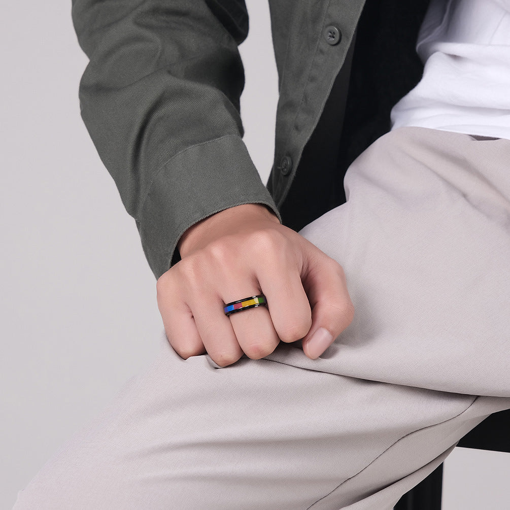 Unisex Rainbow Ring Titanium Steel Band Gold Black Electroplated Gift For Him Or Her Colorful Rainbow Finish Up