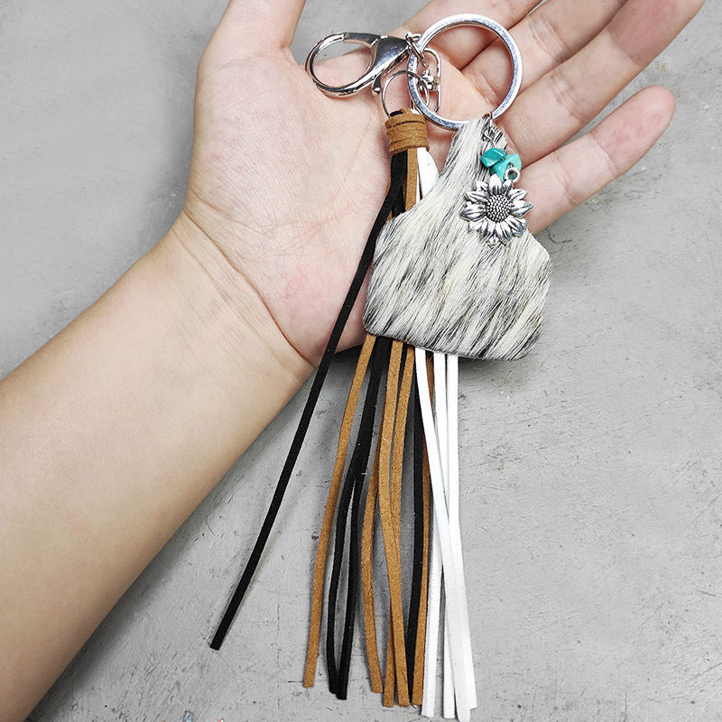Womens Leather Keychain Turquoise Sunflower Charm Geometric Cow Design Tassel Electroplated Keyring Sweet Charm