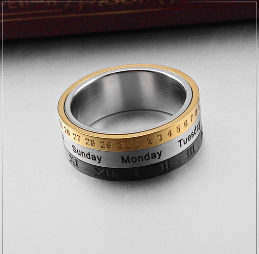 Mens Titanium Steel Time Ring Rotatable With Three Color Not Inlaid Ring Geometry Europe Style Durable Build Quality