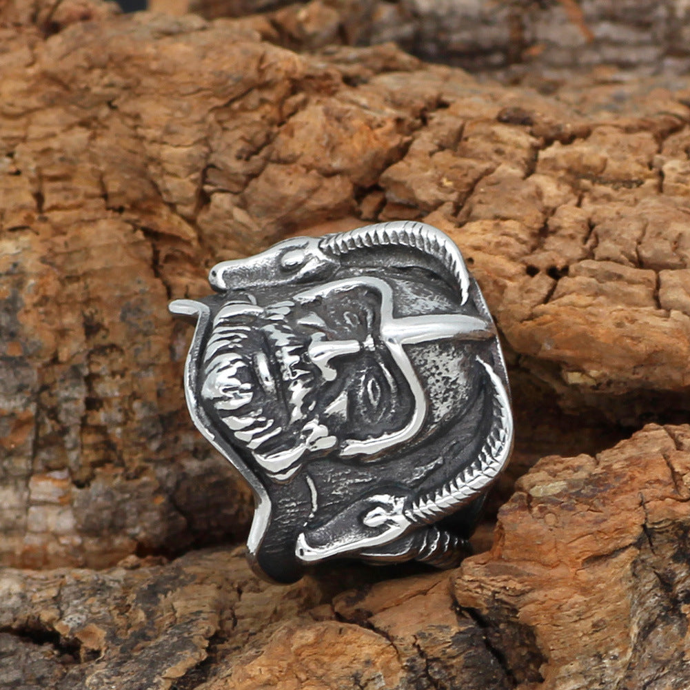 Mens Viking Sheep Head Ring Stainless Steel Geometric Band Jewelry Gift For Men European American Style Trendy