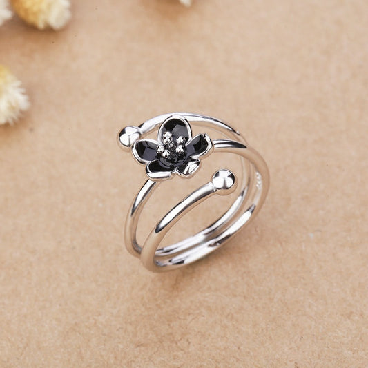 Womens Black Flower Ring Elegant Alloy Electroplated Jewelry Accessory Gift Simple Flower For Everyday Wear Now
