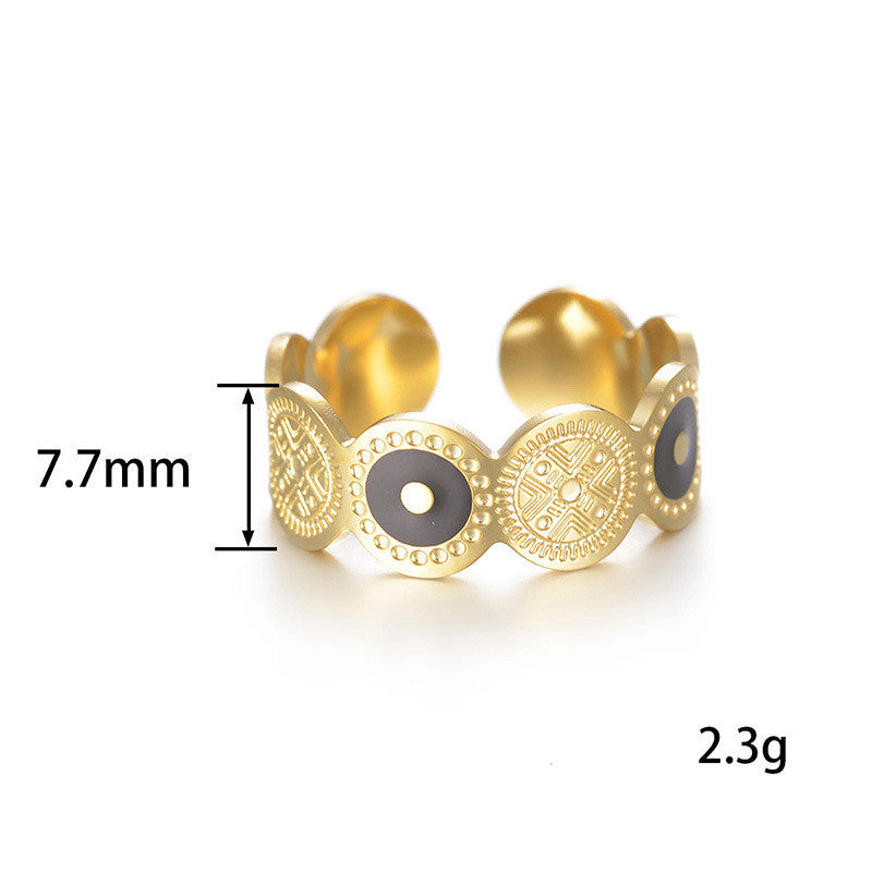 Round Totem Titanium Steel Adjustable Ring Vintage Geometric Style Womens Fashion Accessory Modern Retro Looks