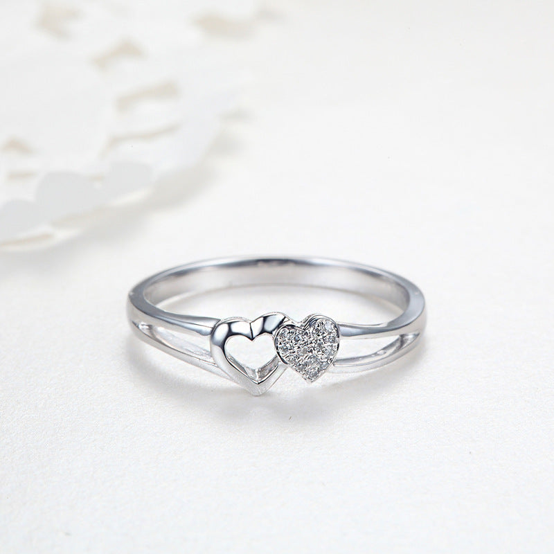 Unisex Adjustable Copper Heart Ring With Rhinestone Zircon Pairs And Hollowed Heart Ornament Starry Sky Design